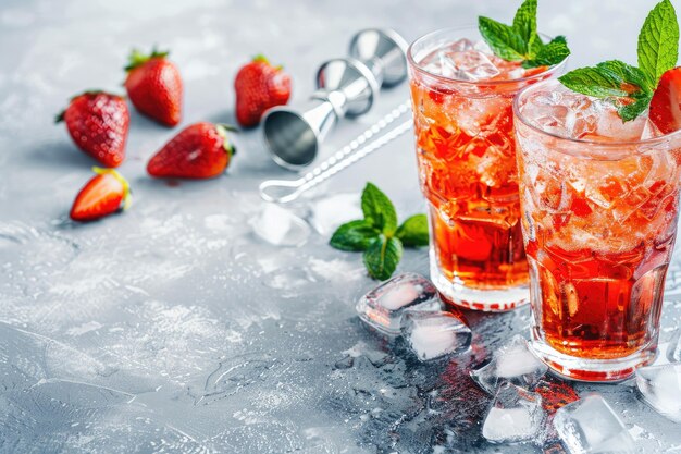 Summer strawberry cocktail with mint ice bartender tools on light background Strawberry lemonade with ice copy space