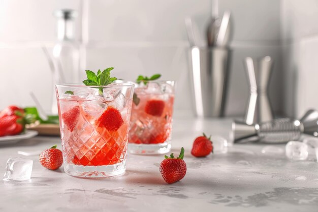 Summer strawberry cocktail with mint ice bartender tools on light background Strawberry lemonade with ice copy space