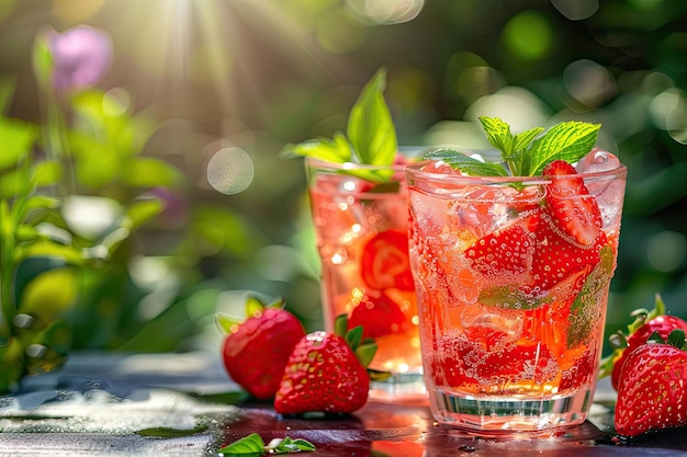 Summer strawberry drink on garden table pink lemonade