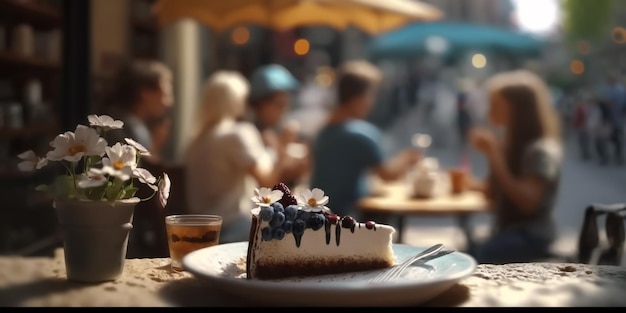 summer street cafe  ,flowers decoration in rown , cup of coffe and cake ,people  silhouette