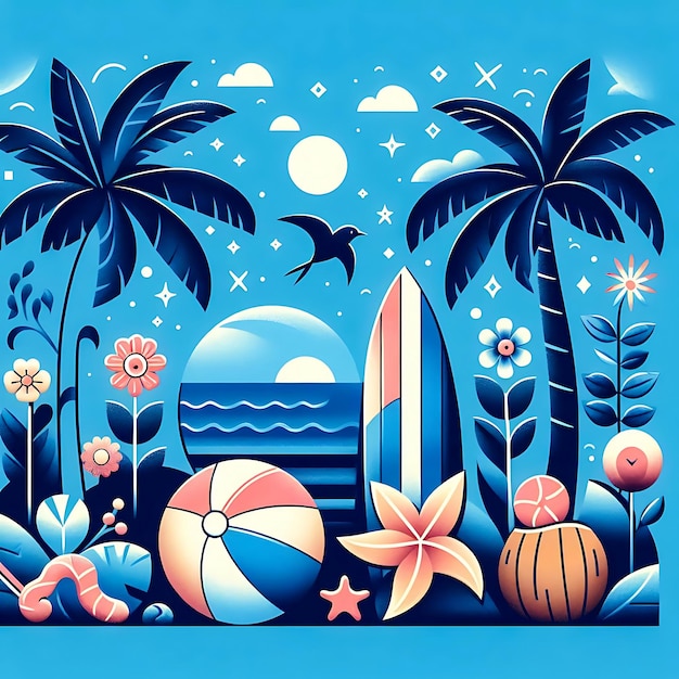 Summer sun illustration on sky blue background with beach elements tropical flower