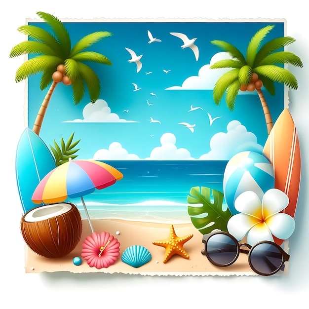 Summer sun illustration on sky blue background with beach elements tropical flower