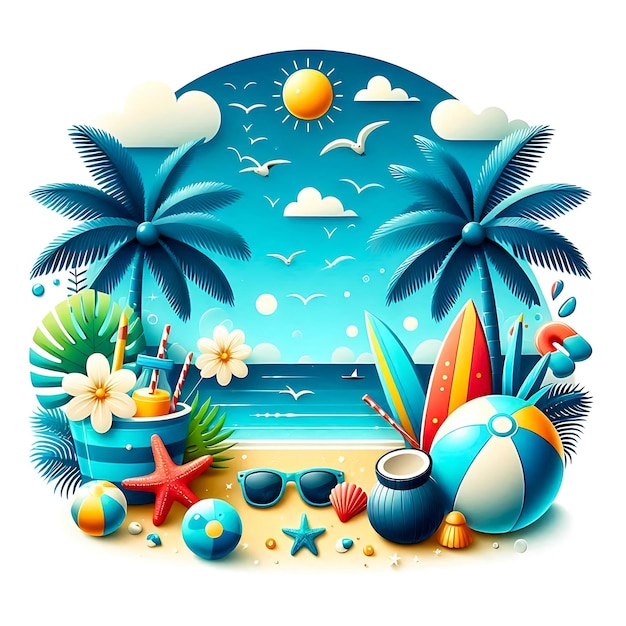 Summer sun illustration on sky blue background with beach elements tropical flower