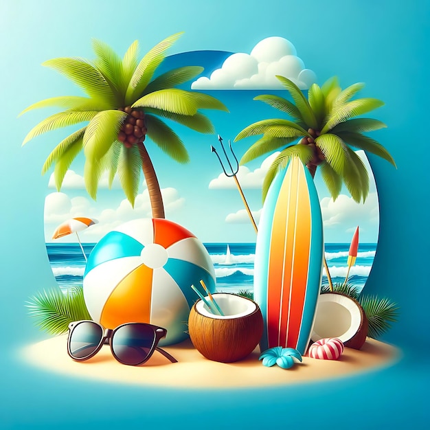 Summer sun illustration on sky blue background with beach elements tropical flower