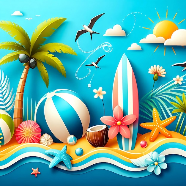 Summer sun illustration on sky blue background with beach elements tropical flower