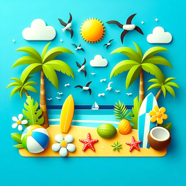 Summer sun illustration on sky blue background with beach elements tropical flower