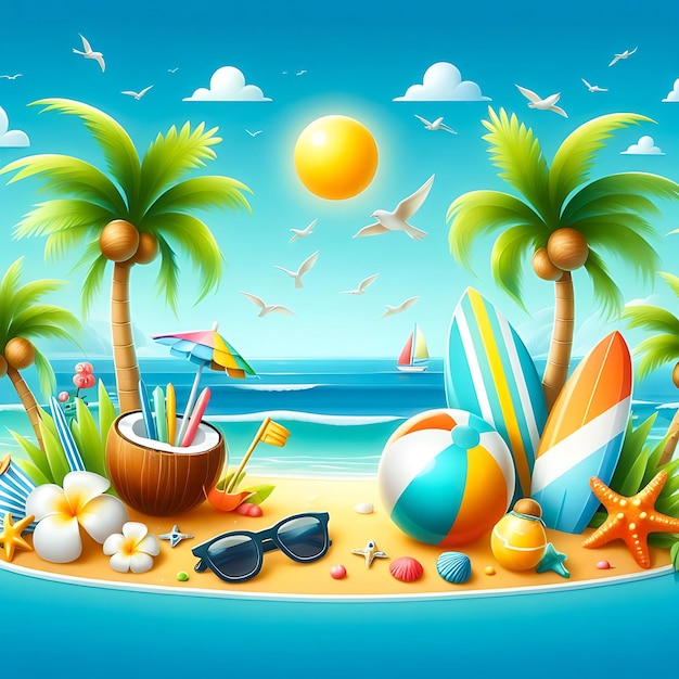 Summer sun illustration on sky blue background with beach elements tropical flower