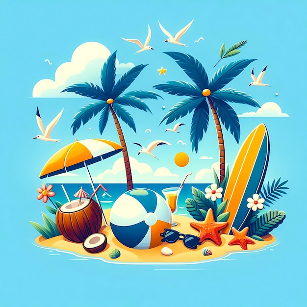 Summer sun illustration on sky blue background with beach elements tropical flower