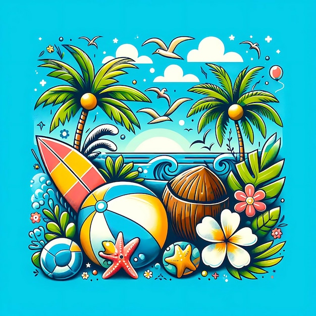 Summer sun illustration on sky blue background with beach elements tropical flower