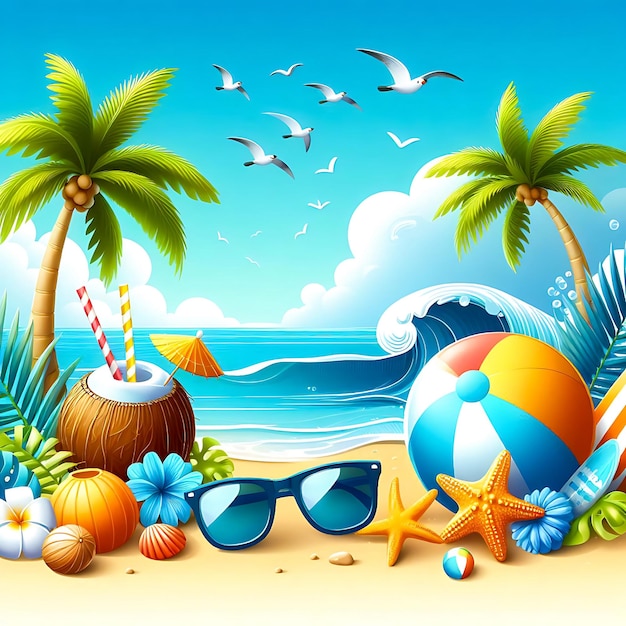 Summer sun illustration on sky blue background with beach elements tropical flower