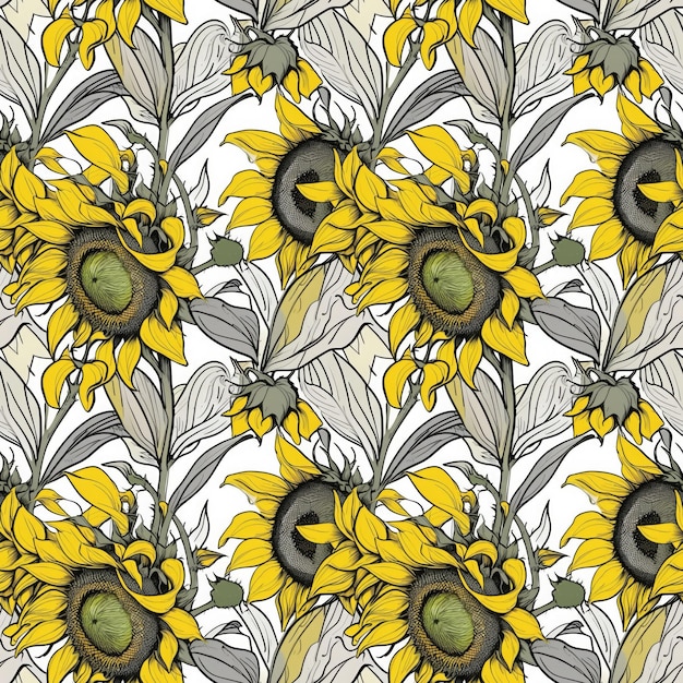 Photo summer sunflower fabric seamless pattern with blossoms and leaves vintage garden illustration for