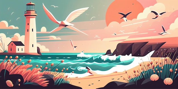 Summer sunny landscape flat vector style with lighthouse and seagulls in pastel cheerful colors generative AI