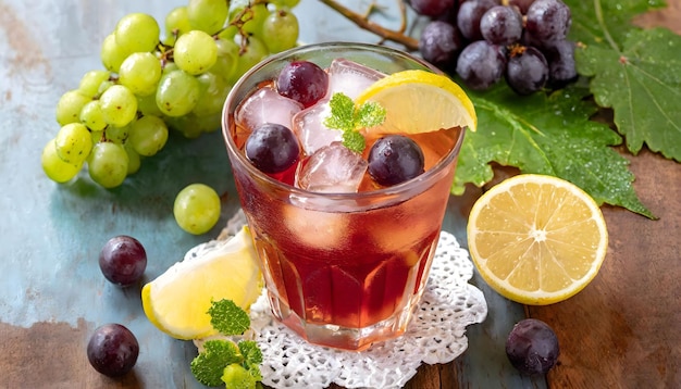 Summer Symphony A Glass of Ice Tea With Lemon and Grapes Generative AI