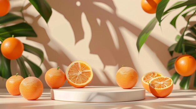 Photo summer theme round podium surrounded by fresh orange fruits for product presentation