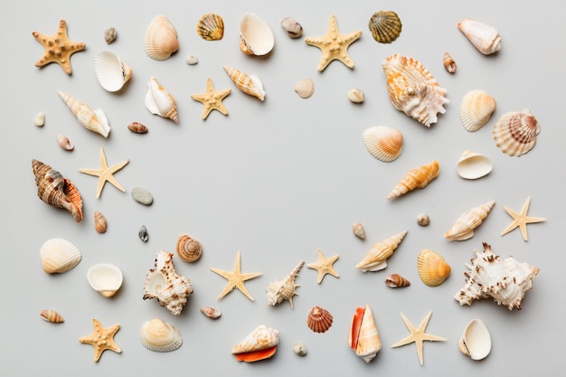 Summer time concept Flat lay composition with beautiful starfish and sea shells on colored table top view with copy space for text