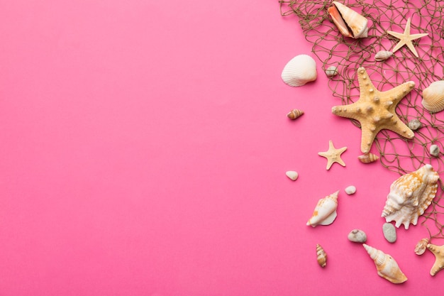 Summer time concept Flat lay composition with beautiful starfish and sea shells on colored table top view