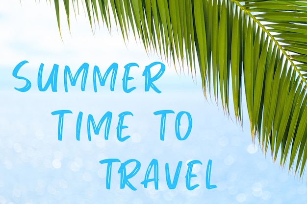 Summer time to travel message written in elegant font on the background with palm leaf and blue sea