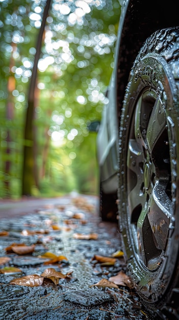 Photo summer tire on a car on a summer forest road winter tire removed