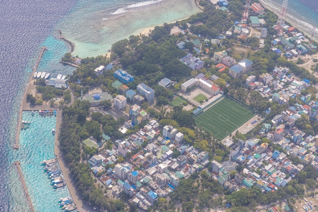 Summer tourism landscape aerial view on Male capital city of Maldives. Luxury travel destination