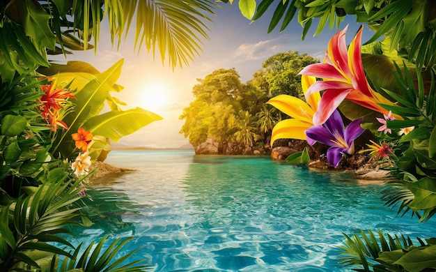 Photo summer a tranquil tropical lagoon with crystalclear water surrounded by lush green foliage