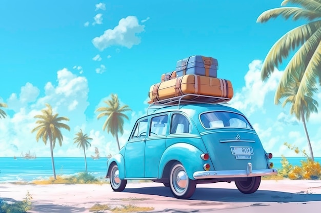 Summer travel Blue car van with luggage for summer holidays Beach sea view Vacation AI Generative