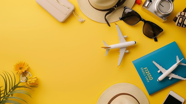 Summer travel concept Flat lay traveler accessories on yellow background with copy s Generative AI