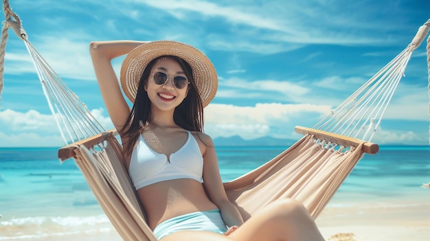 Summer travel concept Happy traveler young woman with bikini relax in hammock on beach