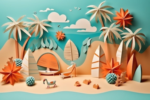 Summer travel vacation beach holidays concept Retro paper art collage Generative AI