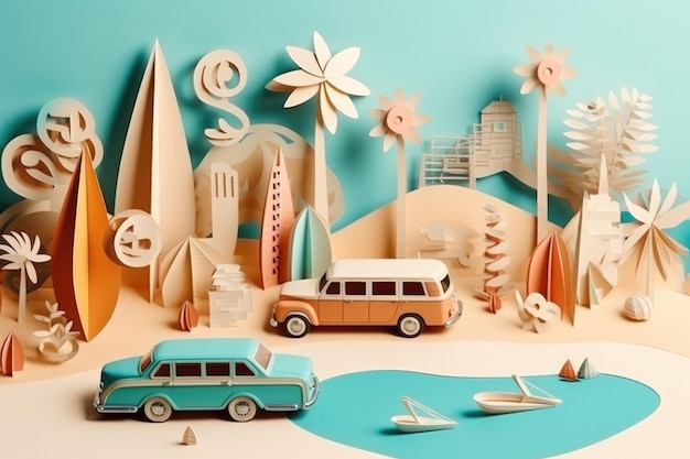 Summer travel vacation beach holidays concept Retro paper art collage Generative AI