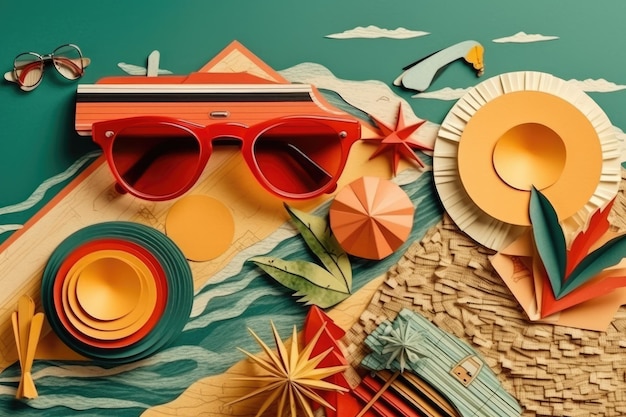 Summer travel vacation beach holidays concept Retro paper art collage Generative AI