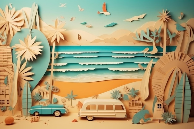 Summer travel vacation beach holidays concept Retro paper art collage Generative AI