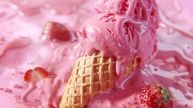 Summer Treats Melted Ice Cream on Waffle Background Generative AI