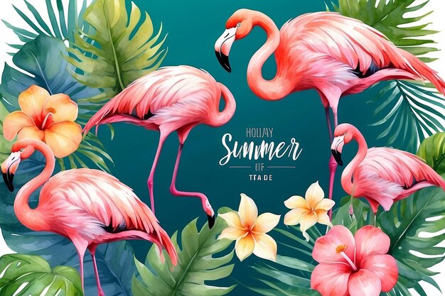 Summer tropic flowers and flamingo card Vector watercolor Holiday poster