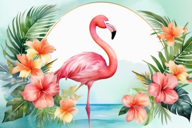 Summer tropic flowers and flamingo card Vector watercolor Holiday poster