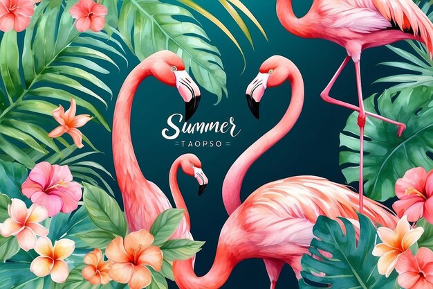 Summer tropic flowers and flamingo card Vector watercolor Holiday poster