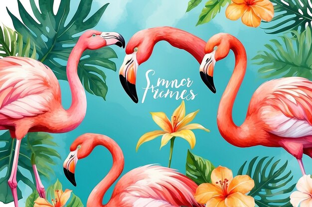 Summer tropic flowers and flamingo card Vector watercolor Holiday poster