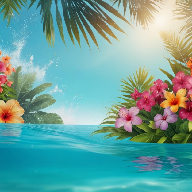 summer tropical background with exotic flowers in blue transparent ocean