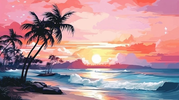 Summer tropical background with sea waves palms