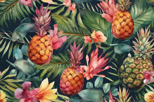 Summer tropical floral pattern made with watercolors perfect for textiles and decoration Generative ai