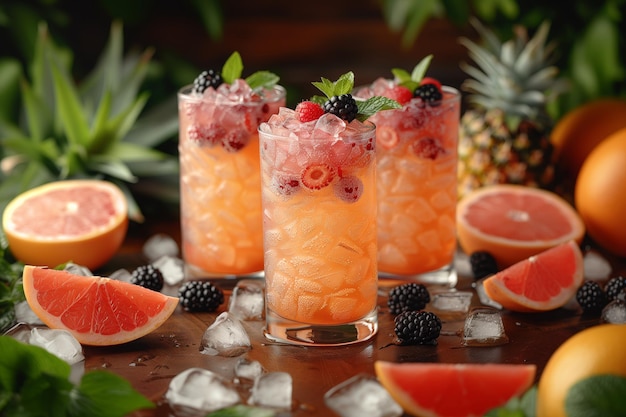 Summer tropical fruit cocktail with berries blueberry raspberry and ice Layout of cold drinks