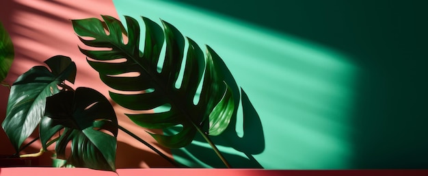 Summer tropical leaf with shadow on a green wall product display mockup scene generative ai