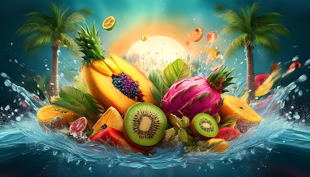 Summer Tropical Punch Splash poster An exotic flyer showcasing a splash of mixed tropical fruits mango kiwi on summer sea background Graphic art illustration