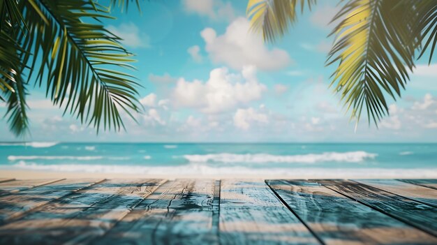 Summer tropical sea with waves palm leaves and blue sky with clouds Perfect vacation Generative AI