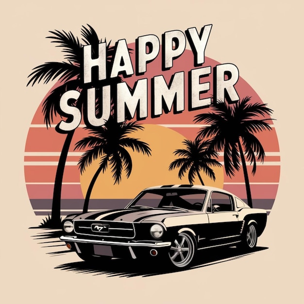 Photo summer tshirt design with images of vintage retro car and sunset