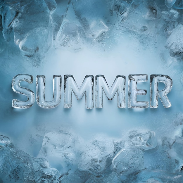 Photo summer typography made using transparent ice pieces on a cool blue background