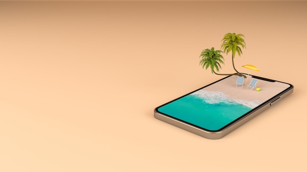 Summer vacation beach holiday travel destination on mobile phone screen, 3d rendering