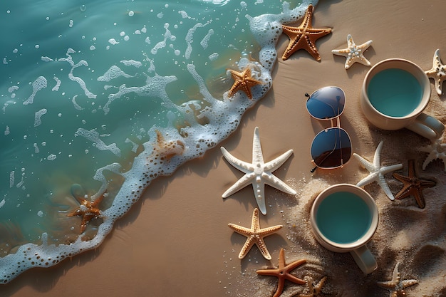 Summer Vacation Beach Scene with Starfish Coffee Cups and Sunglasses for Relaxation and Travel Inspiration