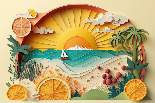 Summer vacation card with sea sunset palms boat and sun Papercut style Generative AI