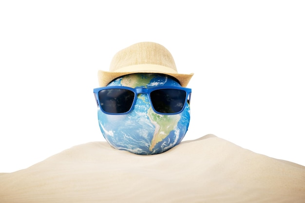 Summer Vacation Concept Abstract image of planet earth globe laying relax on sand beach 3d render