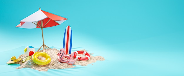 Summer Vacation Concept. Beach Umbrella Blue Backdground Banner Copy Space 3D Rendering